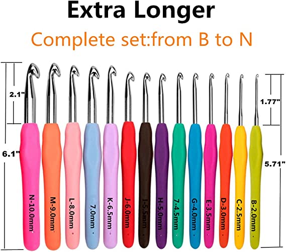 14 Size Crochet Hooks Set,MultiColor,2mm(B)-10mm(N)